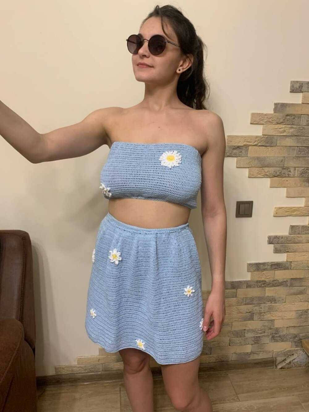 Handmade Crochet Blue Daisy Skirt Set Boho Summer Co-Ord